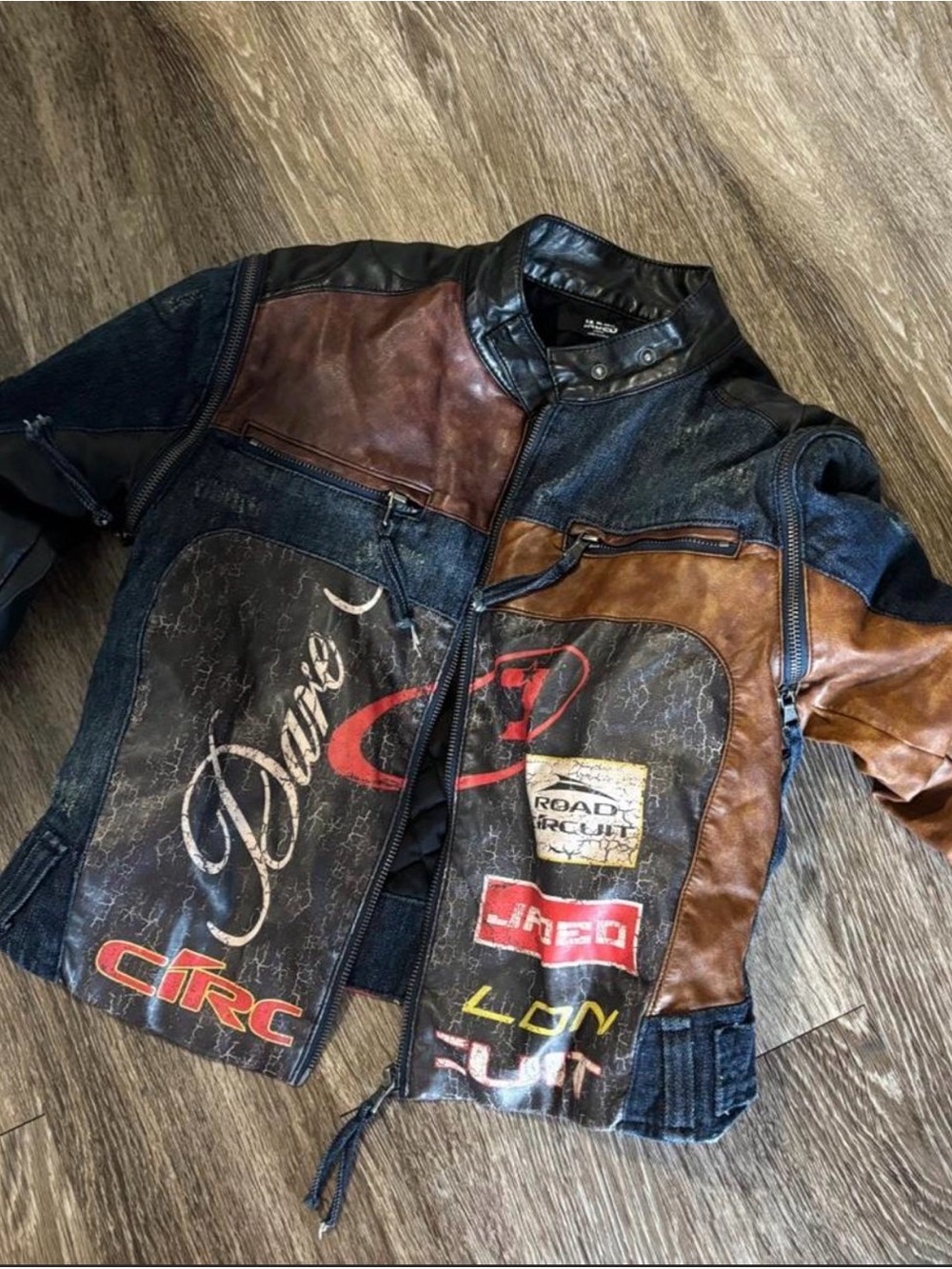Distressed Multi-Panel Leather & Denim Racing Jacket - Brown/Black/Blue